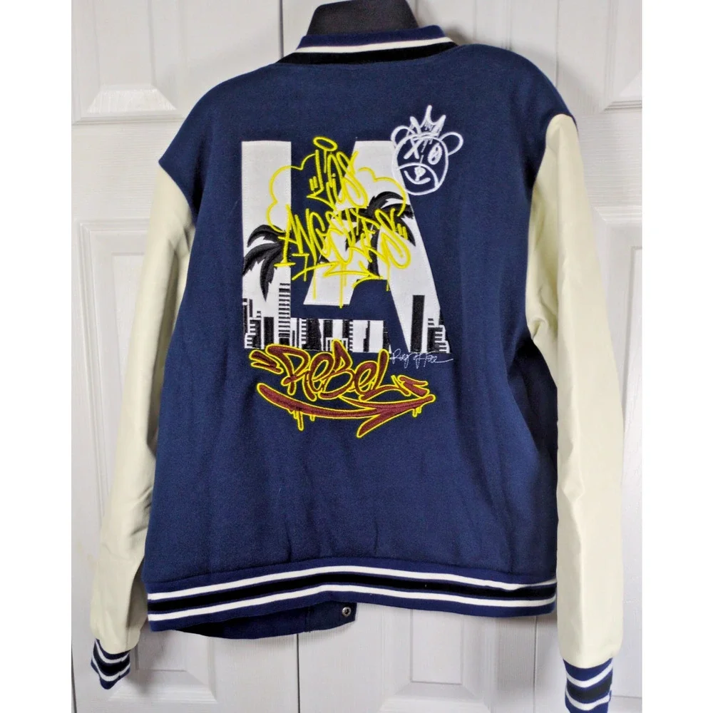 Ring Of Fire JUCAL Boys XL Varsity Jacket Navy Off White LA Patches Youth NWT